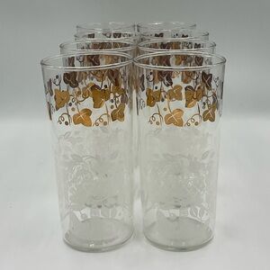 Vintage Hazel Atlas White Fruit Basket Gold Leaves Glasses Barware Set of 8